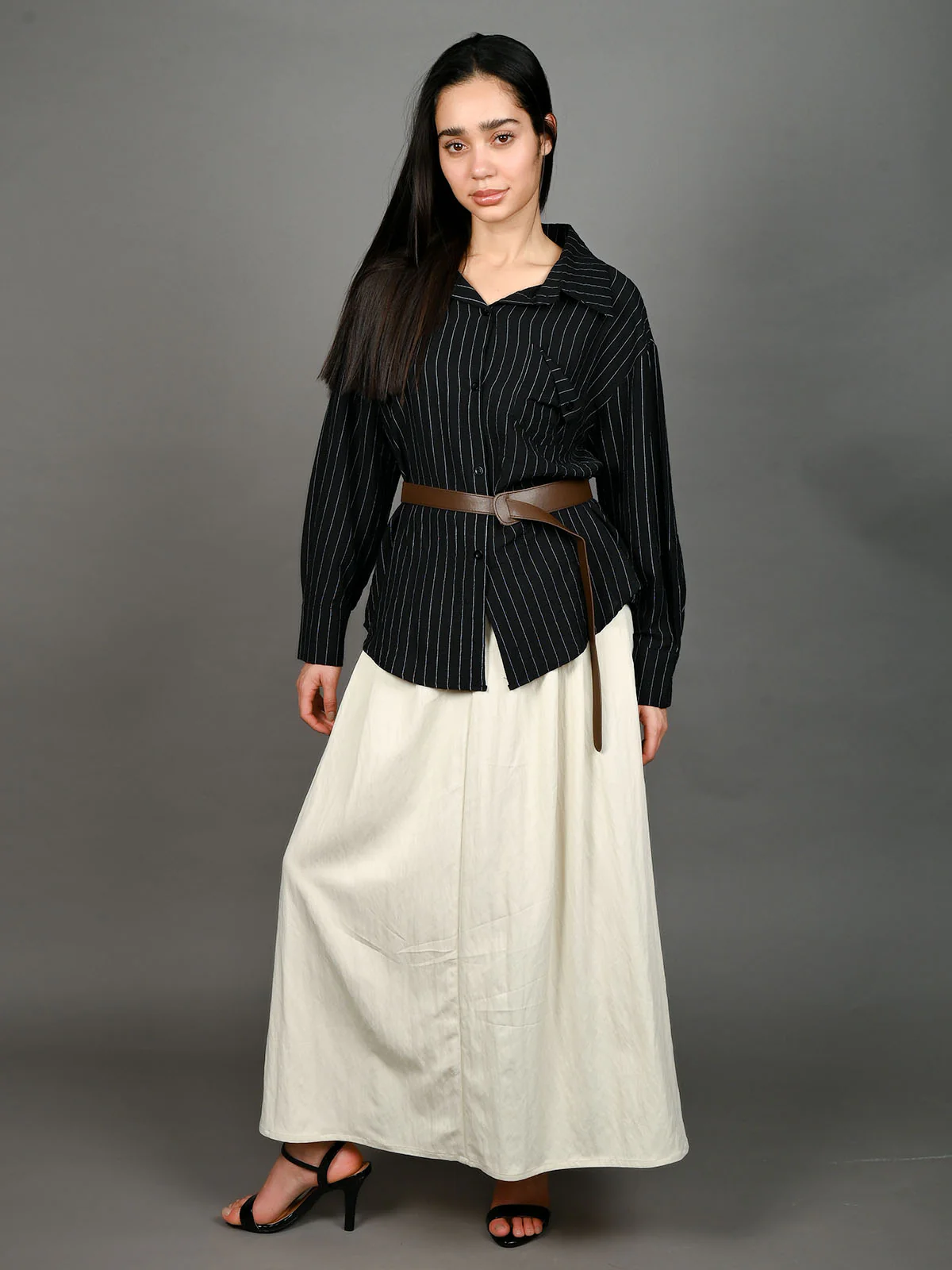 Odette Black Cotton Blend Striped Shirt With Waist Belt For Women