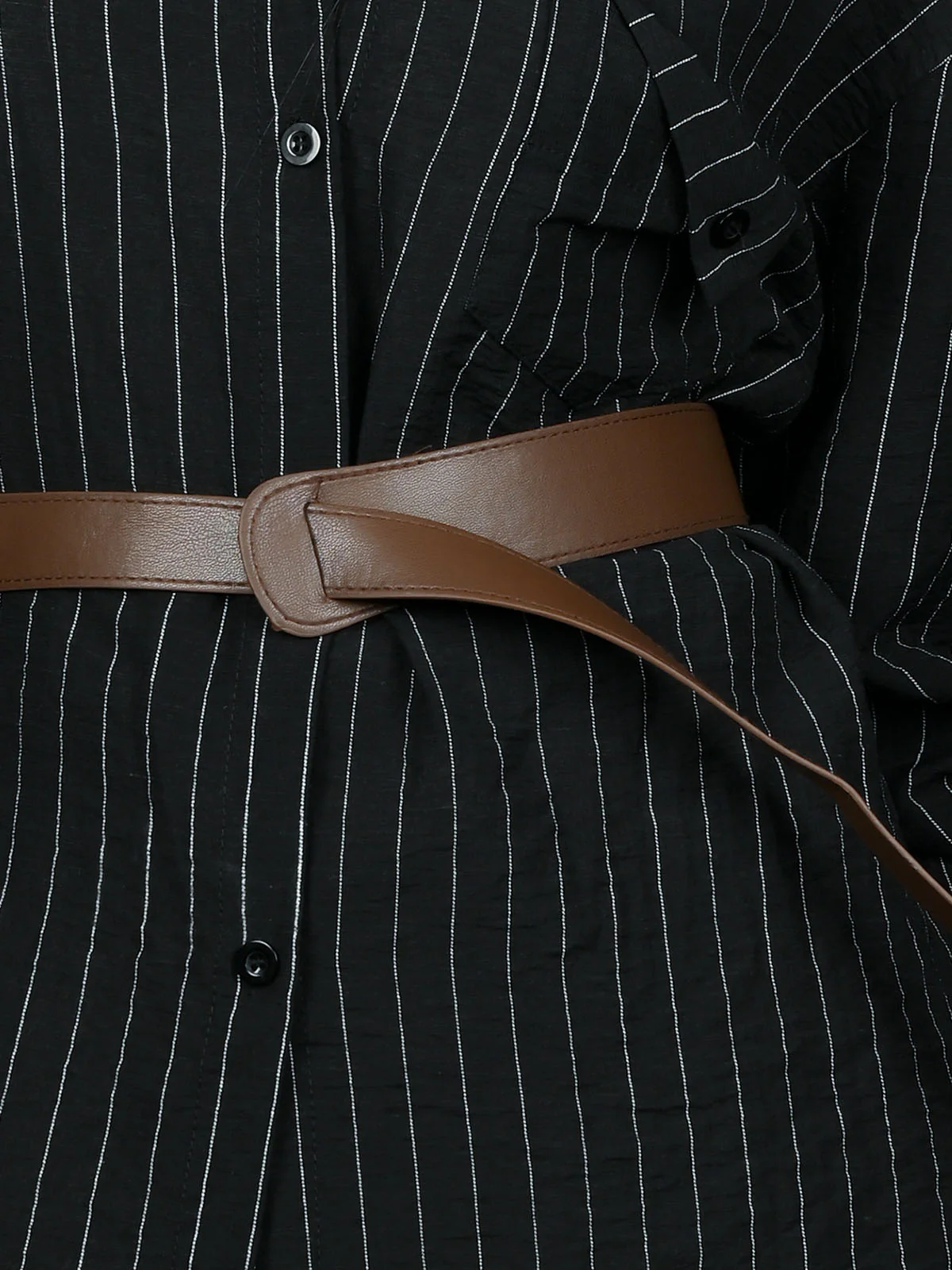 Odette Black Cotton Blend Striped Shirt With Waist Belt For Women - Image 5
