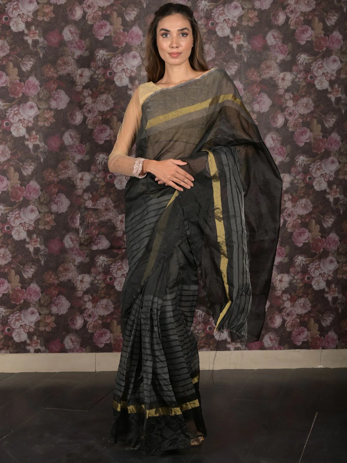 Odette Black Cotton Blend Woven Saree for Women - Image 2