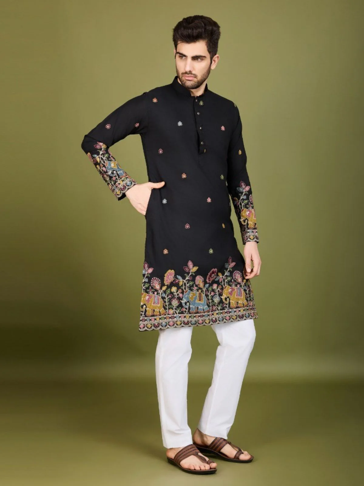 Odette Black Cotton Embroidered Stitched Kurta For Men - Image 2