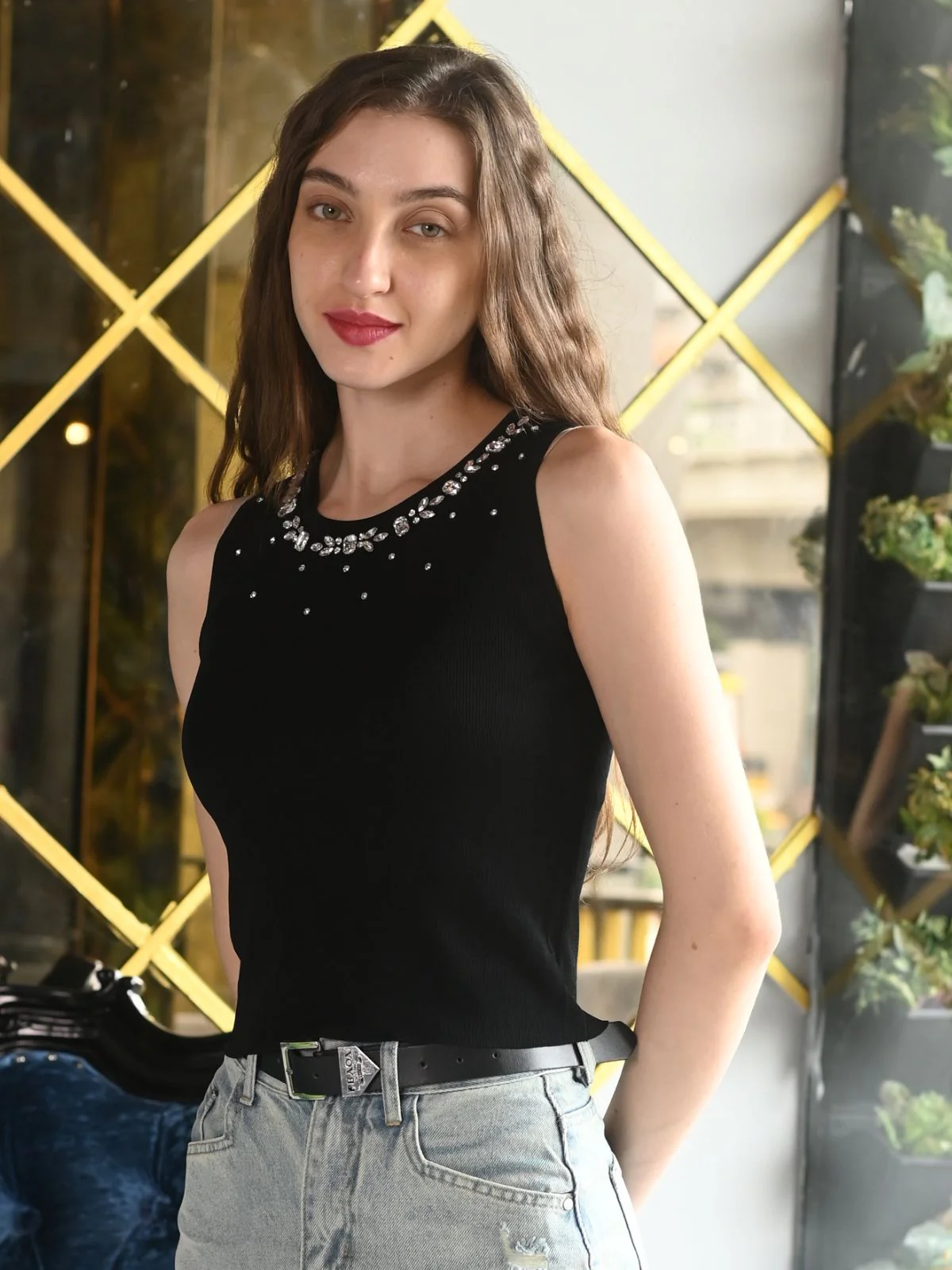 Odette Black Cotton Jersey Embellished Tank Top For Women - Image 3