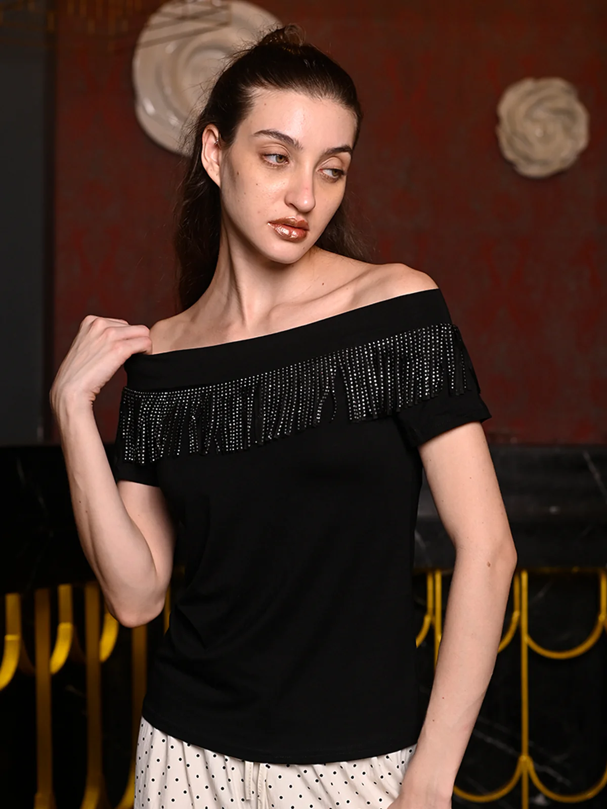 Odette Black Cotton Jersey Embellished Top For Women - Image 2