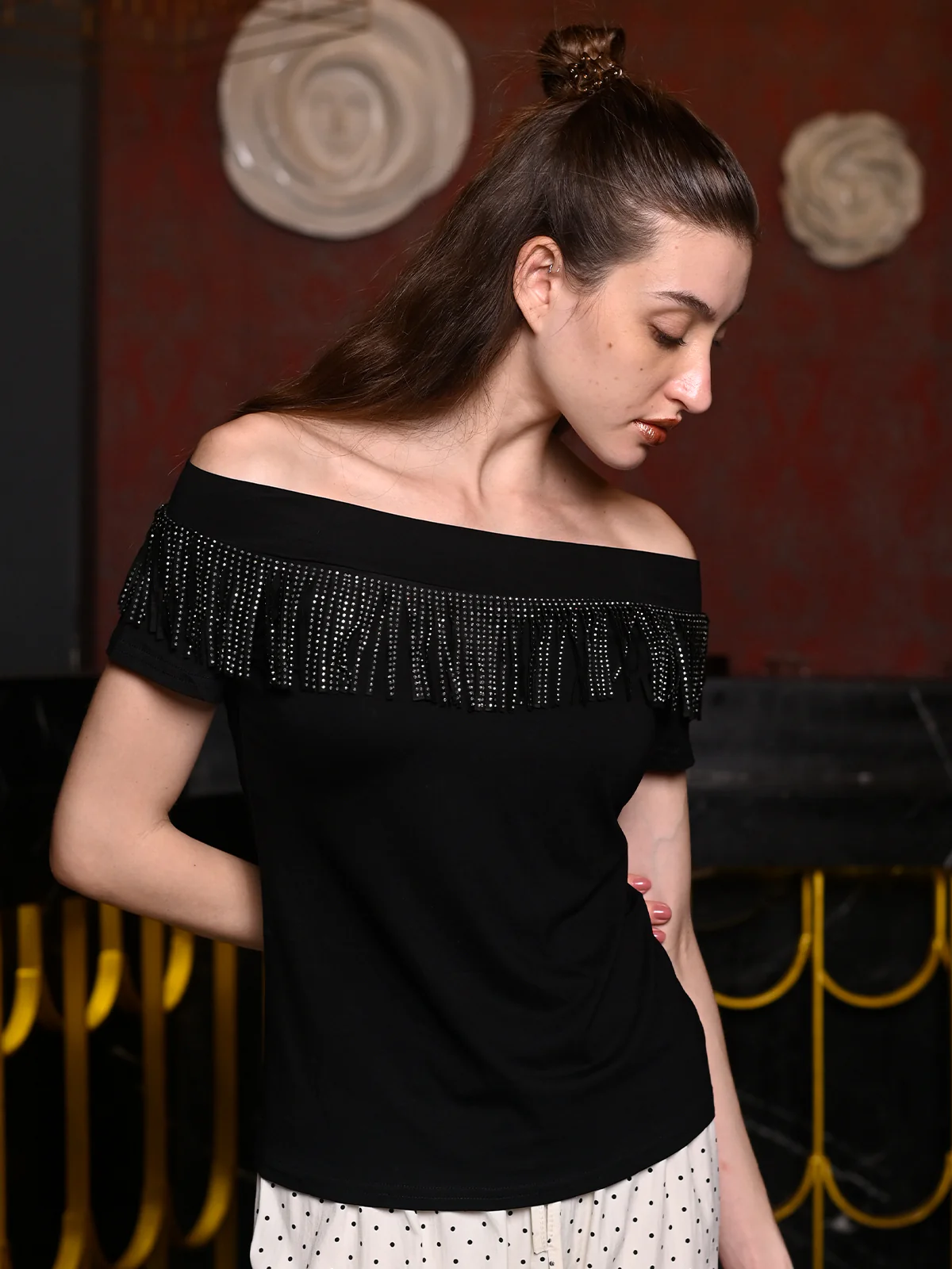 Odette Black Cotton Jersey Embellished Top For Women - Image 3