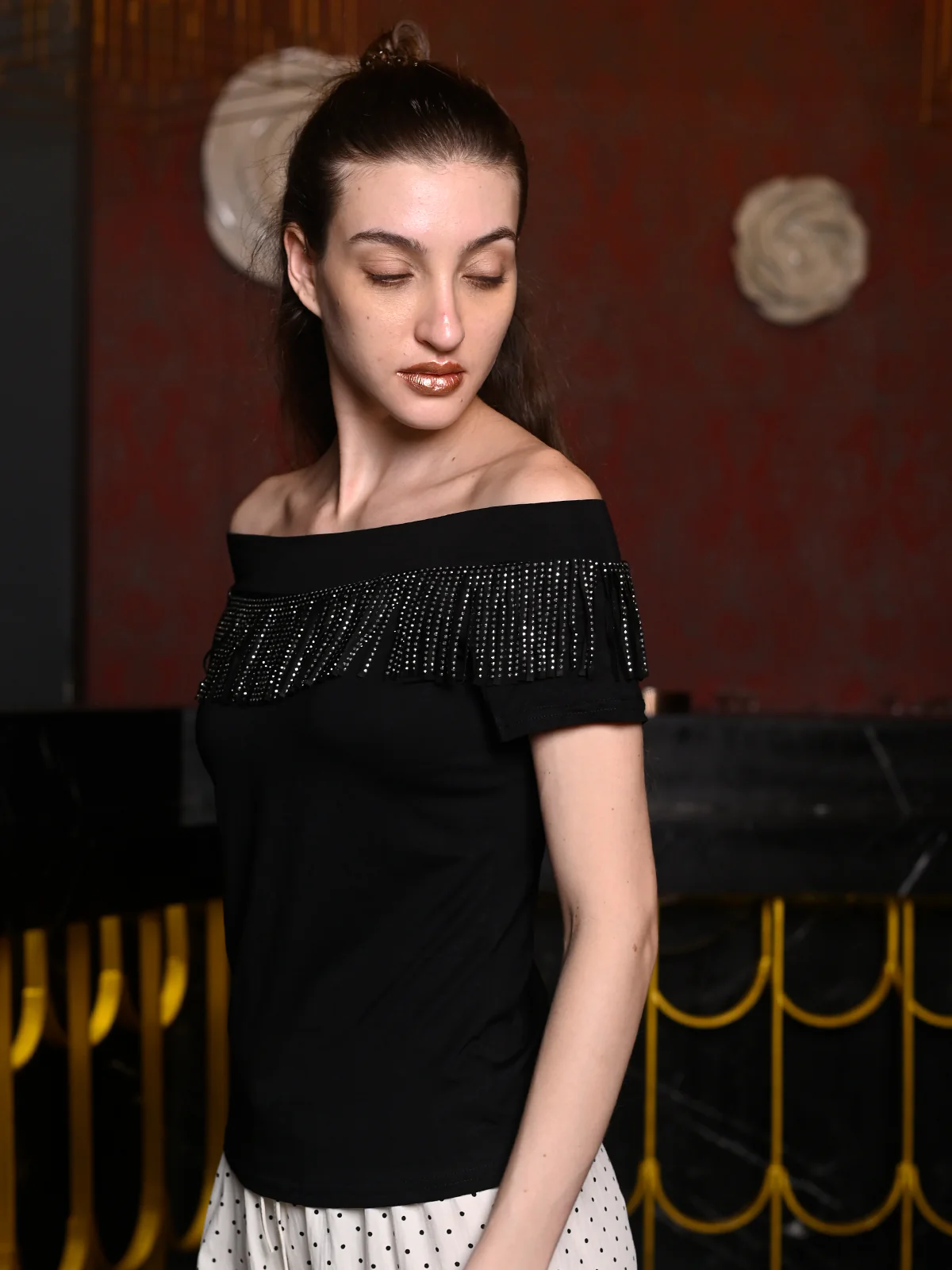 Odette Black Cotton Jersey Embellished Top For Women - Image 4