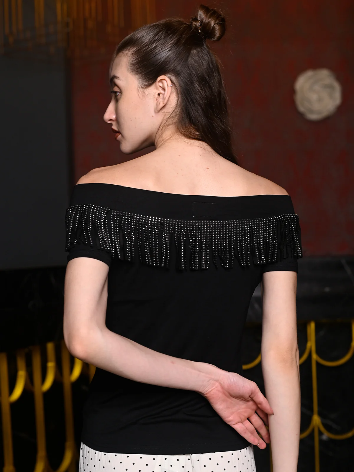 Odette Black Cotton Jersey Embellished Top For Women - Image 5