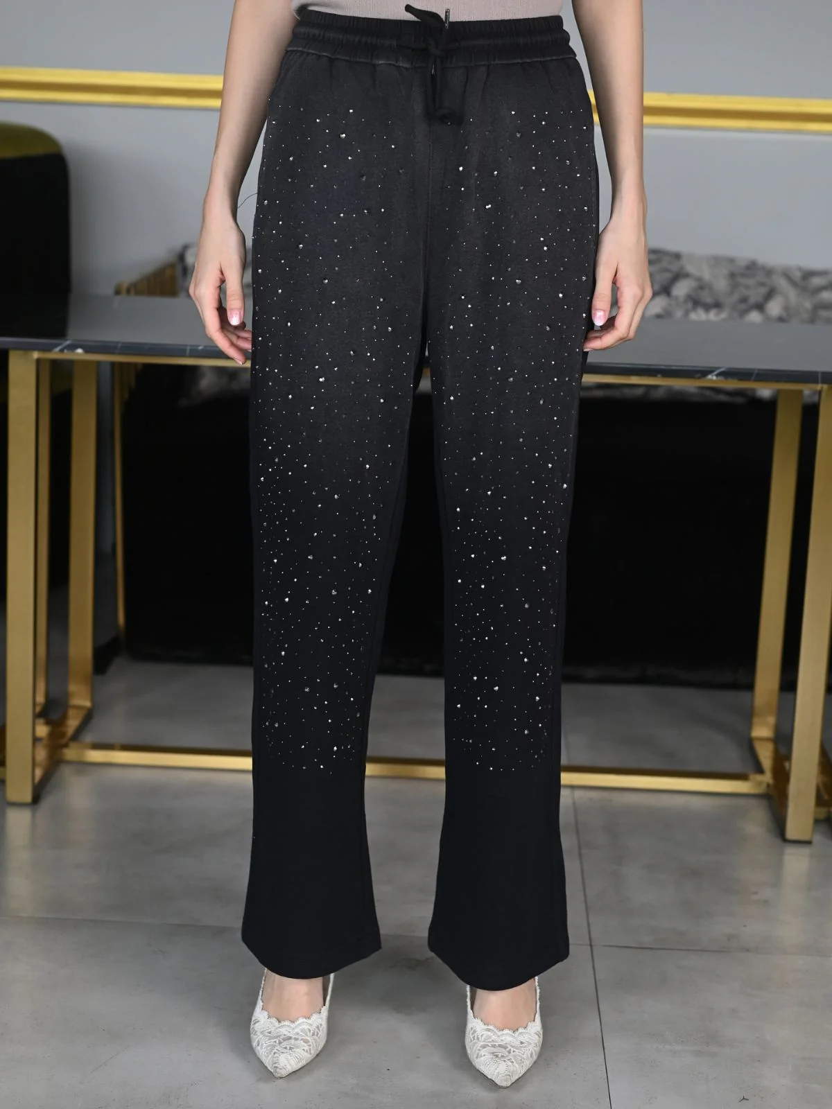 Odette Black Cotton Jersey Embellished Trouser for Women - Image 2
