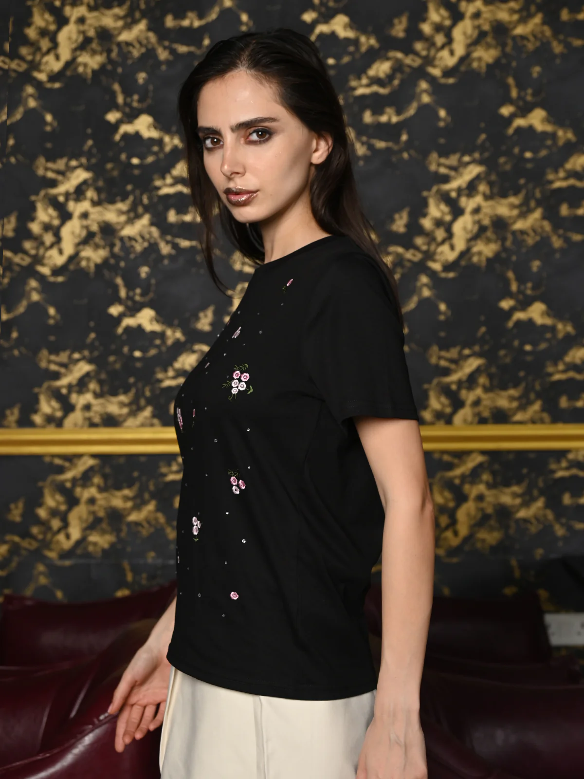 Odette Black Cotton Jersey Embroidered T-Shirt For Women - Image 3