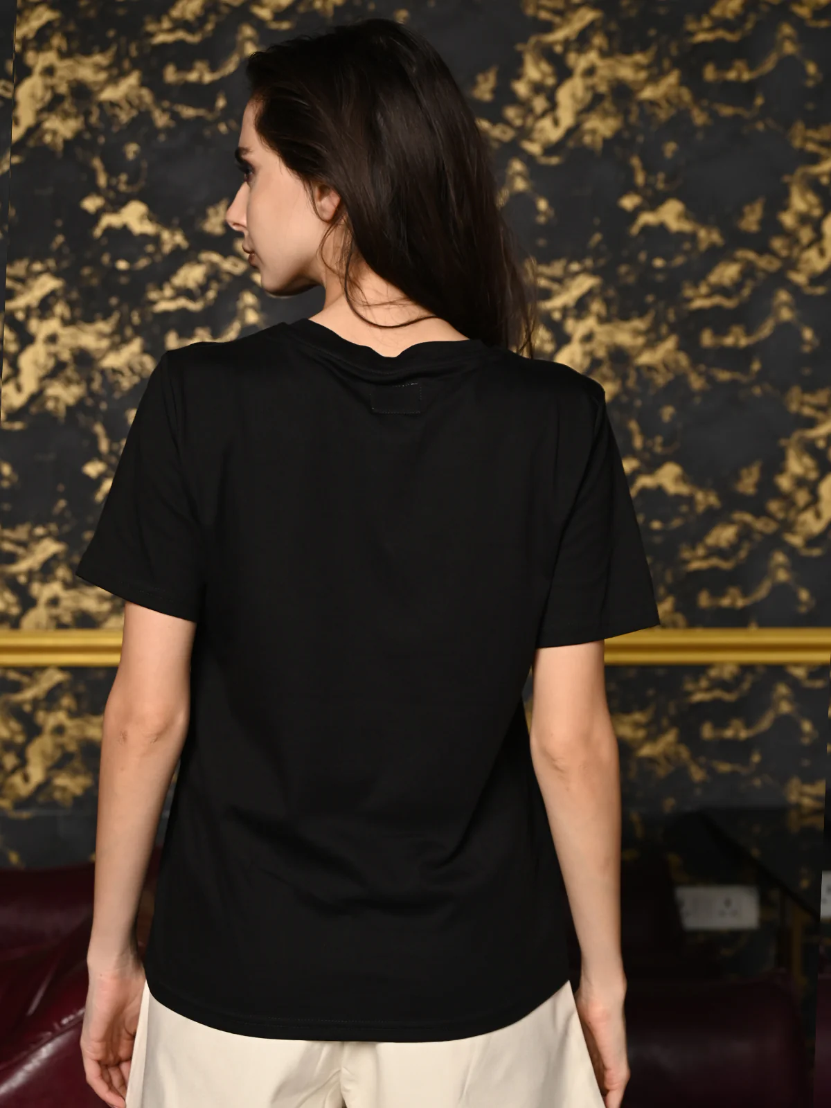 Odette Black Cotton Jersey Embroidered T-Shirt For Women - Image 4
