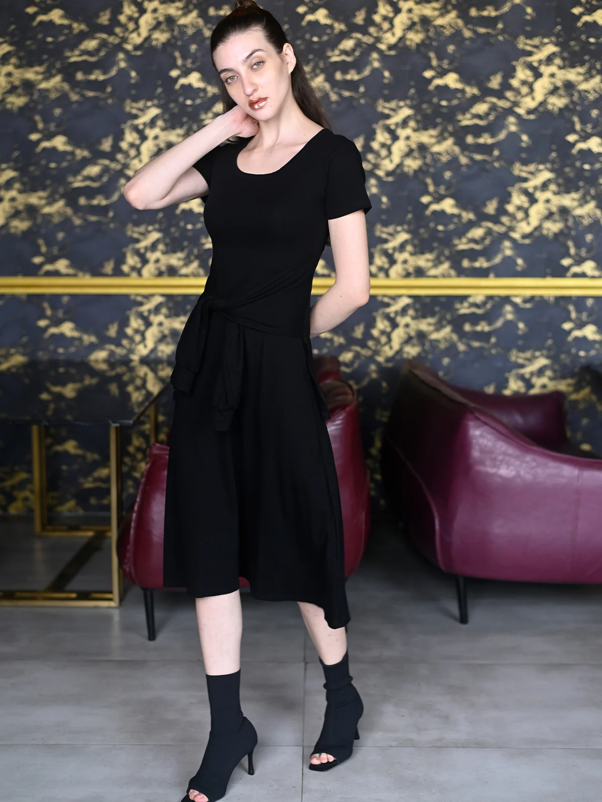 Odette Black Cotton Jersey Lycra Solid Dress for Women
