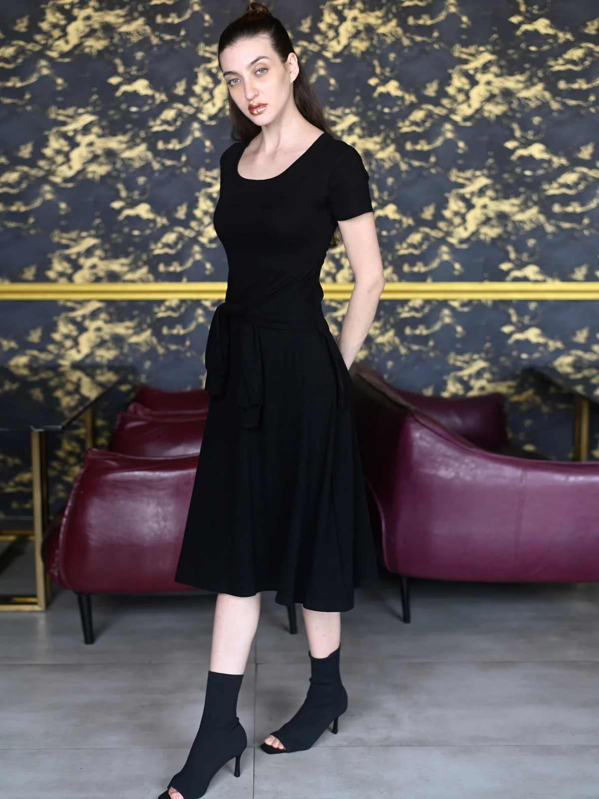 Odette Black Cotton Jersey Lycra Solid Dress for Women - Image 3