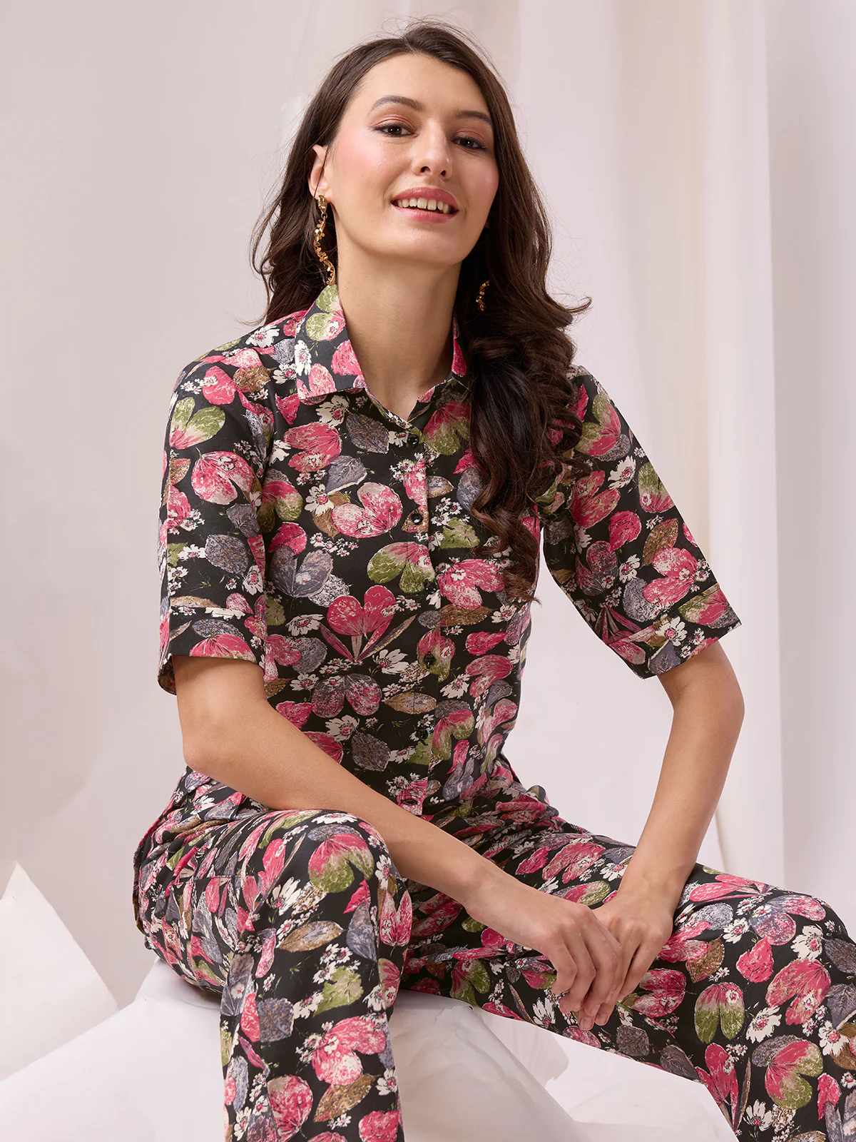 Odette Black Cotton Printed Co-ord set For Women - Image 5