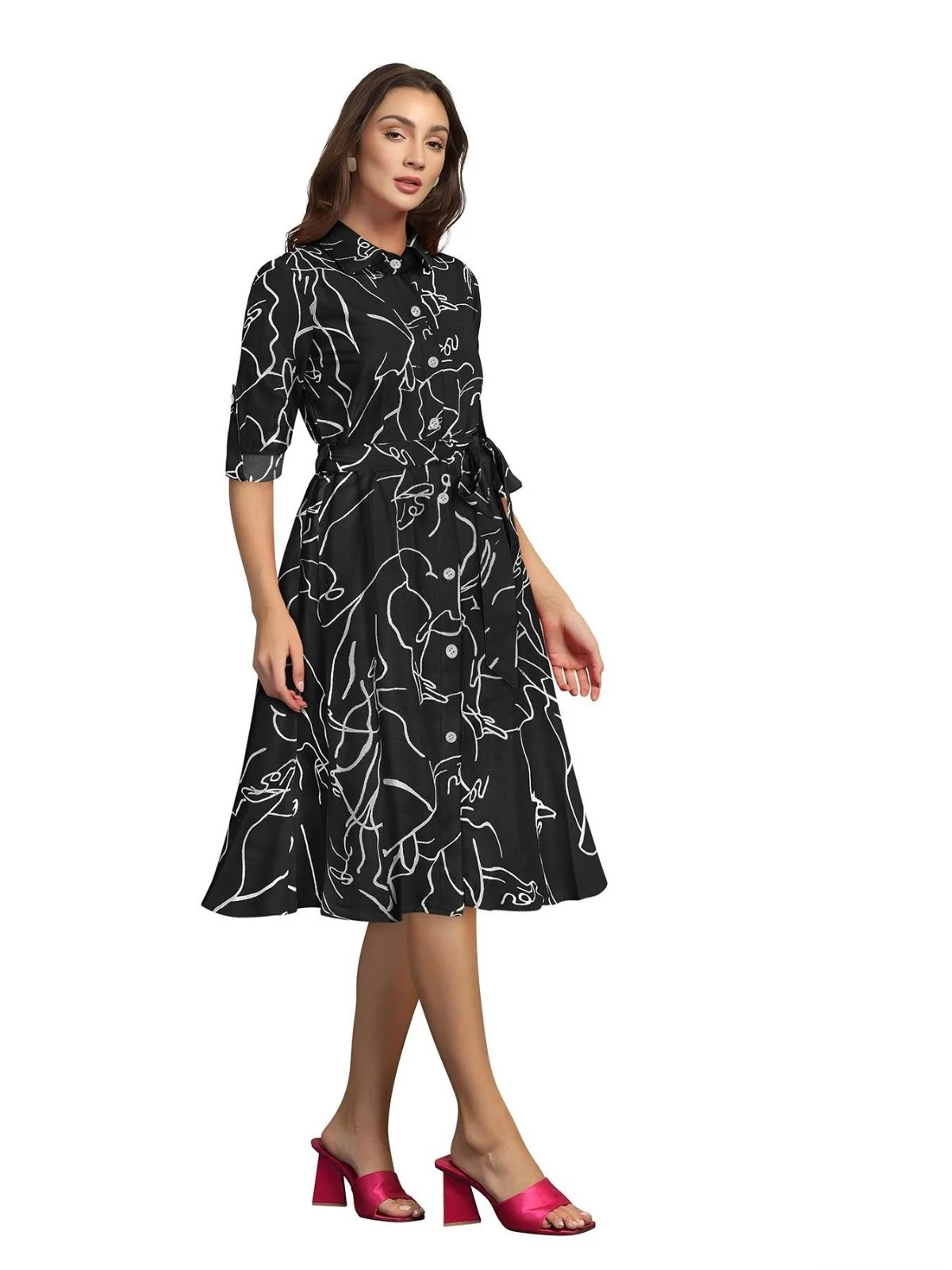 Odette Black Cotton Printed Dress For Women - Image 2