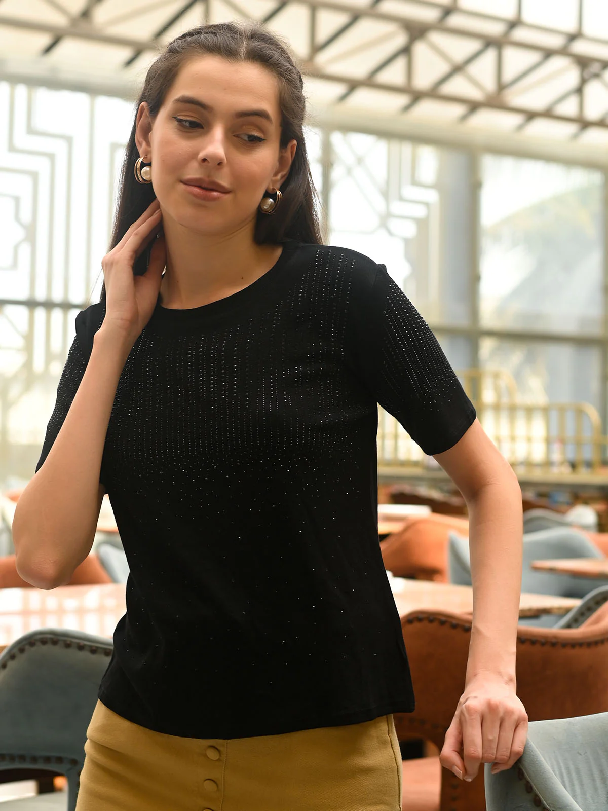 Odette Black Cotton Rib Embellished Top For Women - Image 2