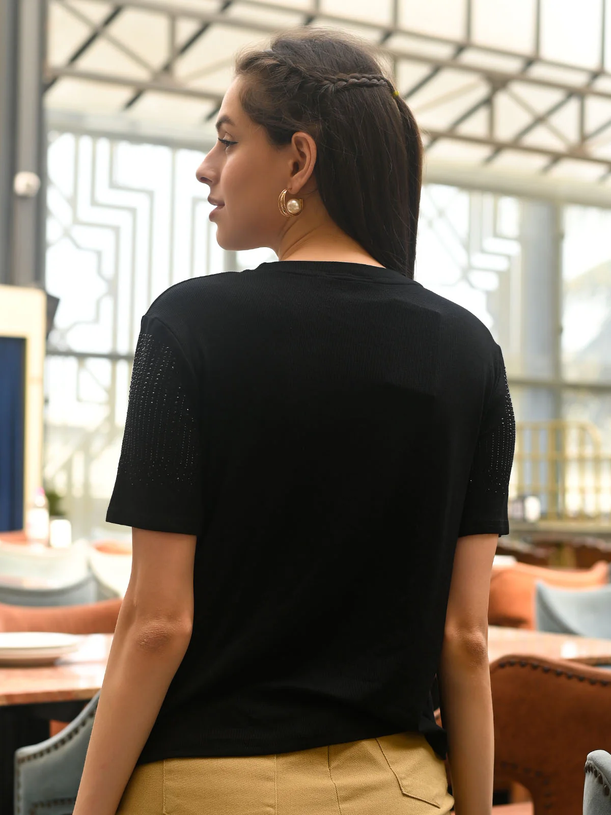 Odette Black Cotton Rib Embellished Top For Women - Image 4
