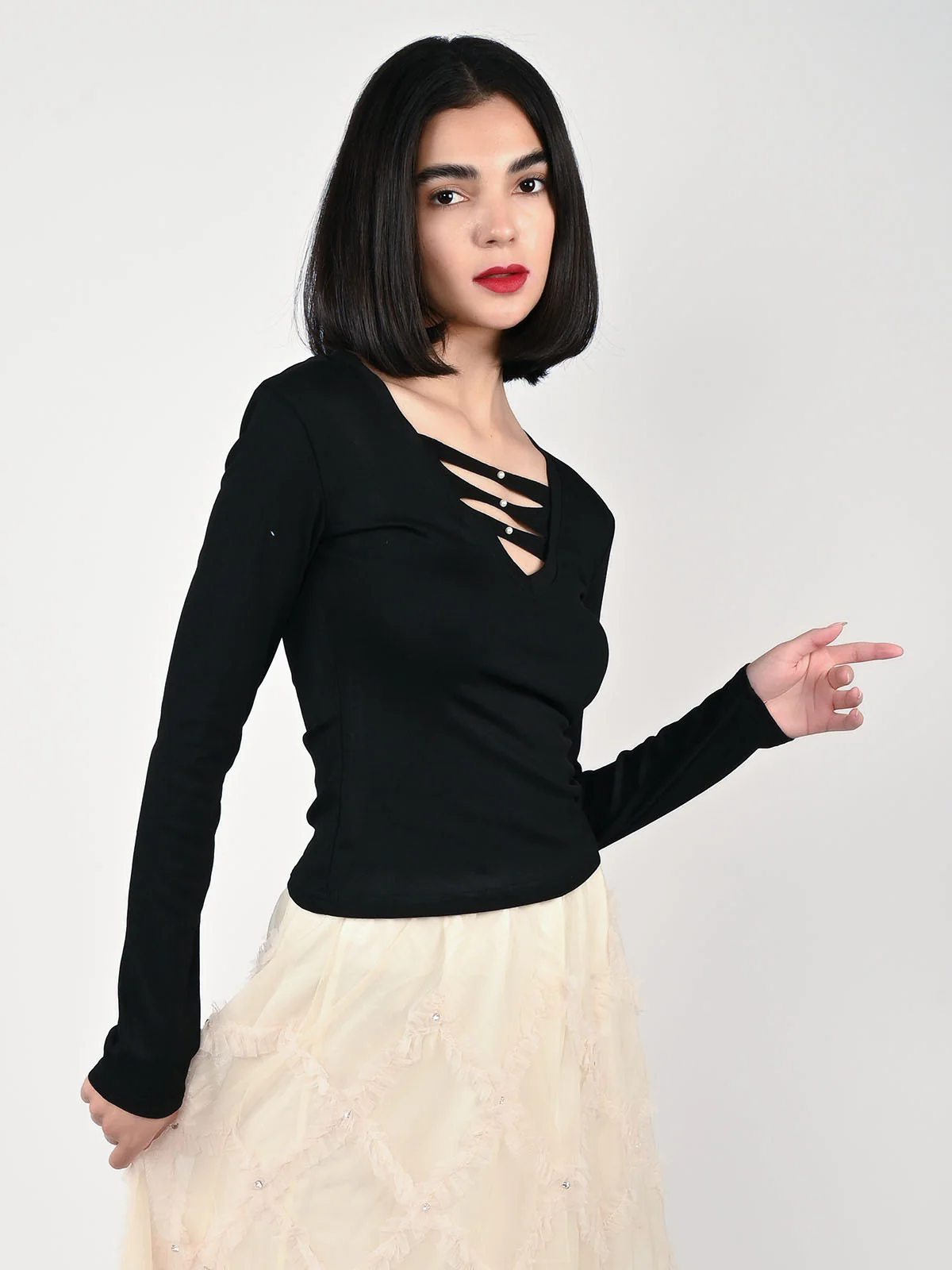 Odette Black Cotton Rib Ripped Top For Women - Image 2