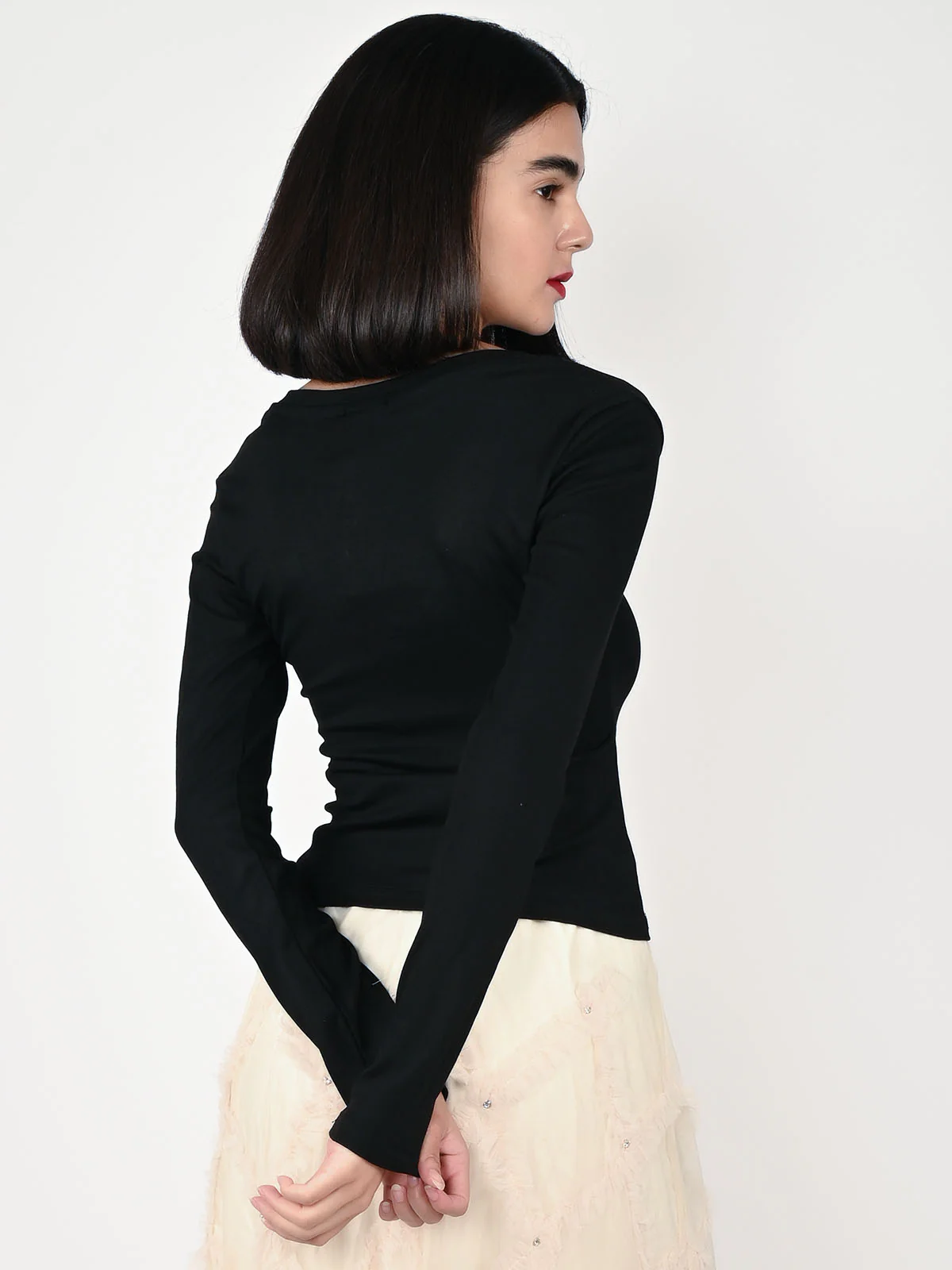 Odette Black Cotton Rib Ripped Top For Women - Image 4