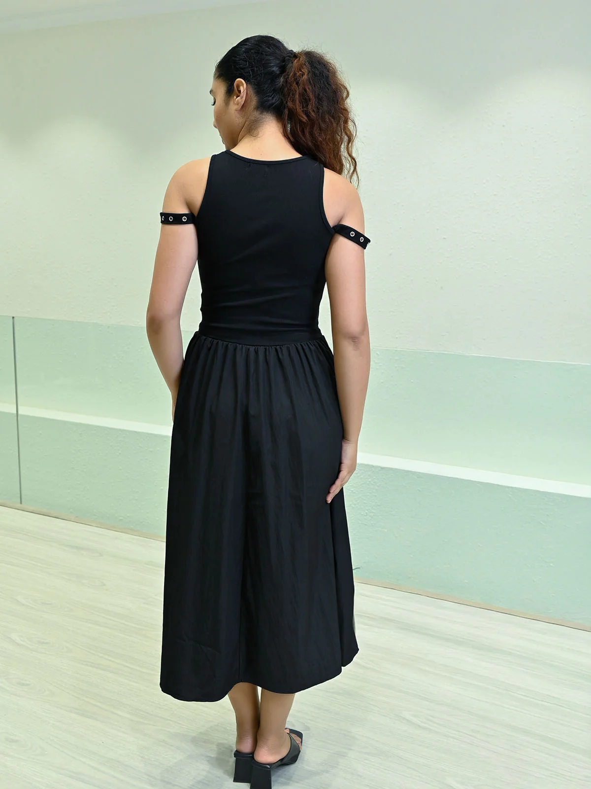 Odette Black Cotton Rib Solid Dress For Women - Image 2