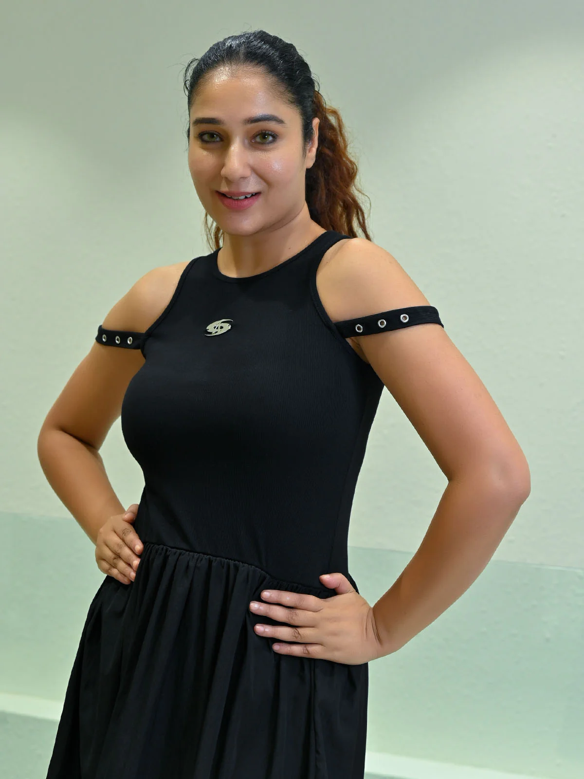 Odette Black Cotton Rib Solid Dress For Women - Image 4
