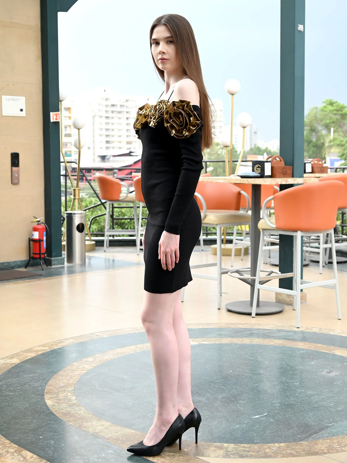 Odette Black Cotton Rib Solid Dress For Women - Image 3