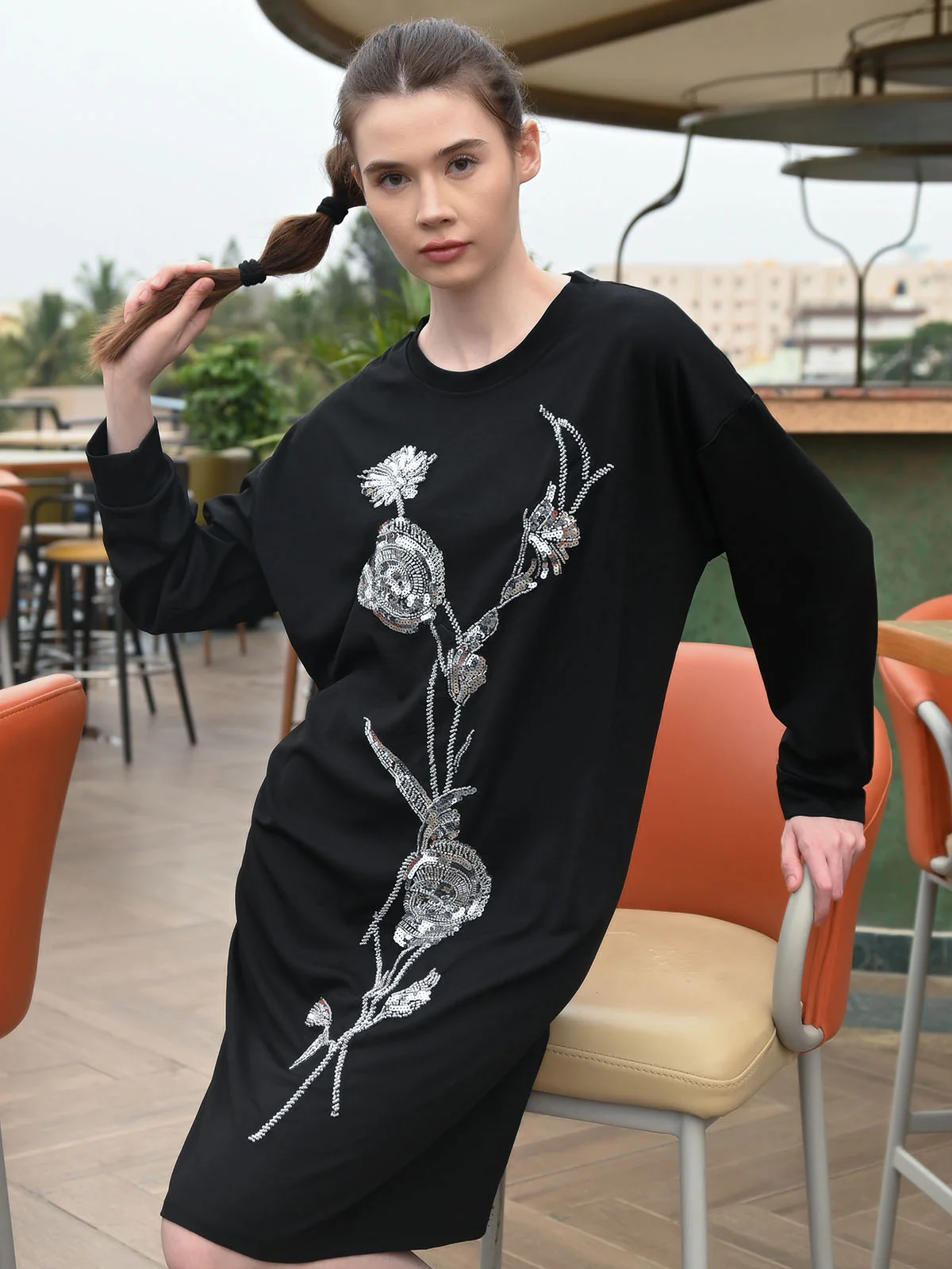 Odette Black Cotton Rib Solid Dress For Women - Image 2