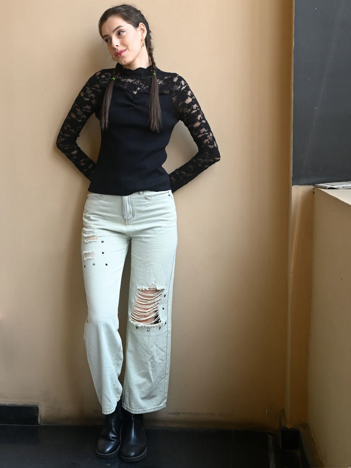 Odette Black Cotton Rib Solid Net Top For Women - Image 6