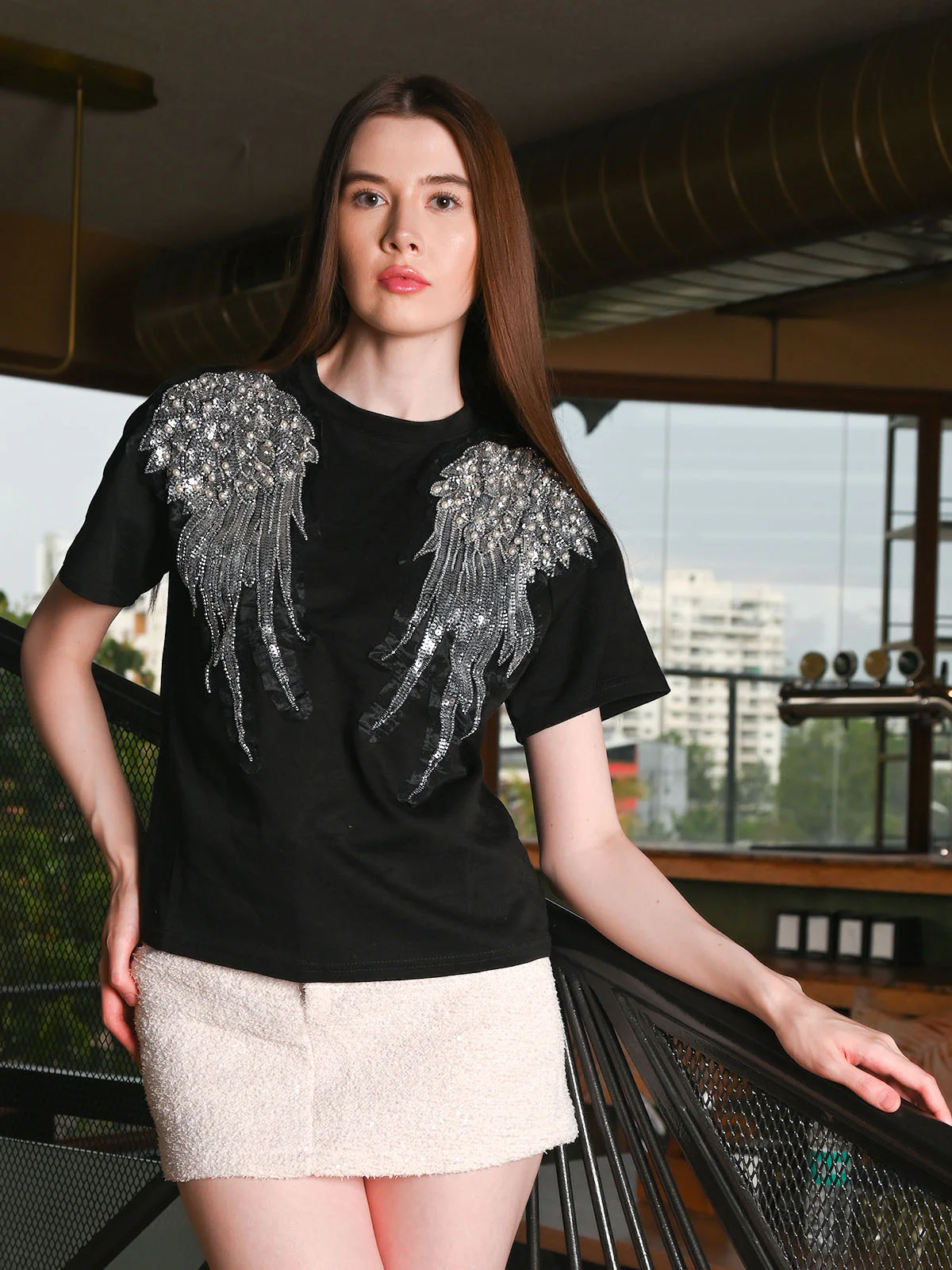 Odette Black Cotton Rib Solid T-shirt For Women - Image 5