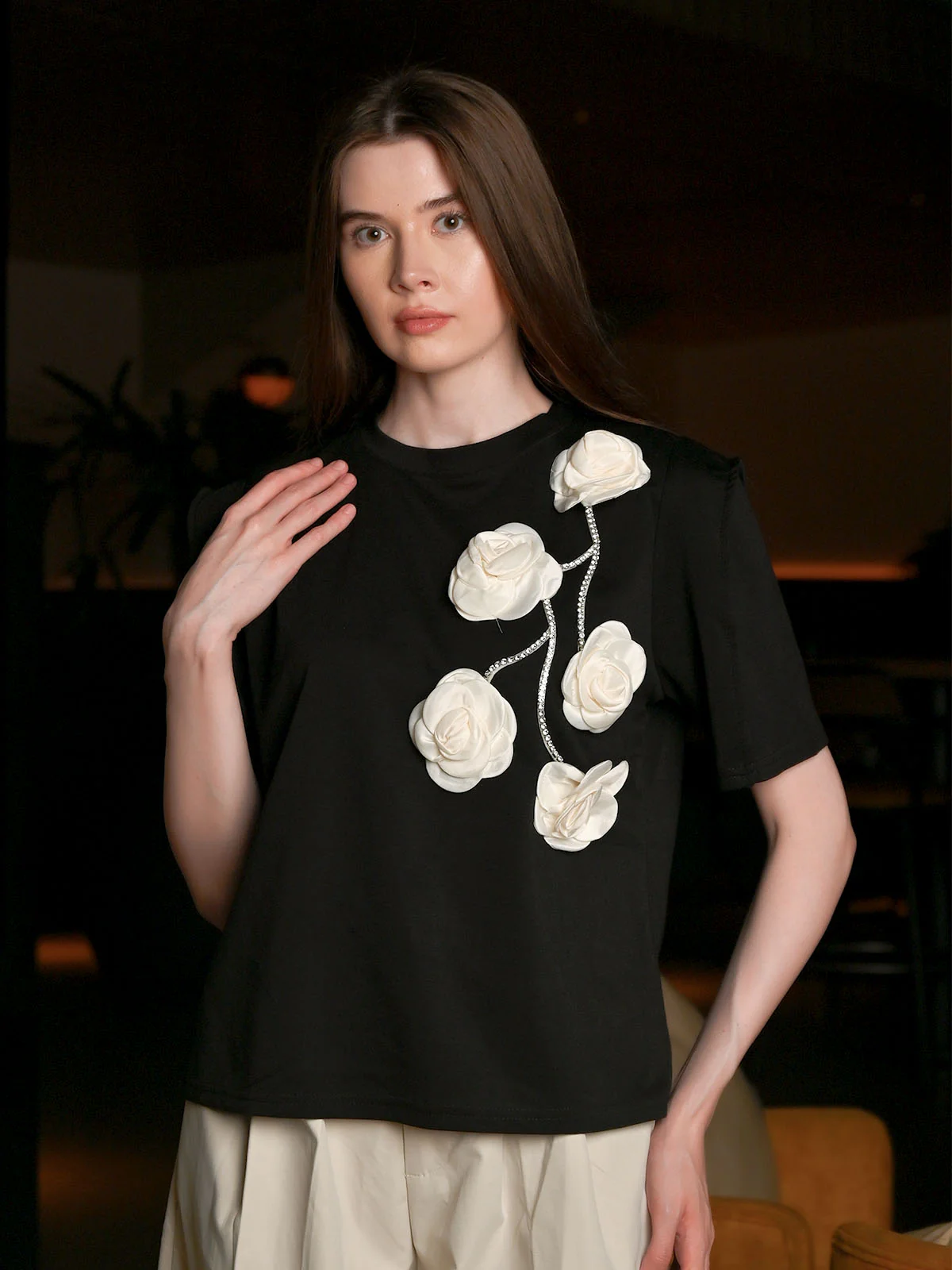 Odette Black Cotton Rib Solid T-shirt For Women - Image 2