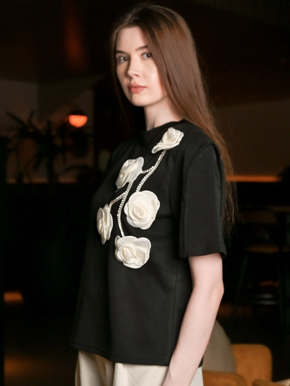 Odette Black Cotton Rib Solid T-shirt For Women - Image 3