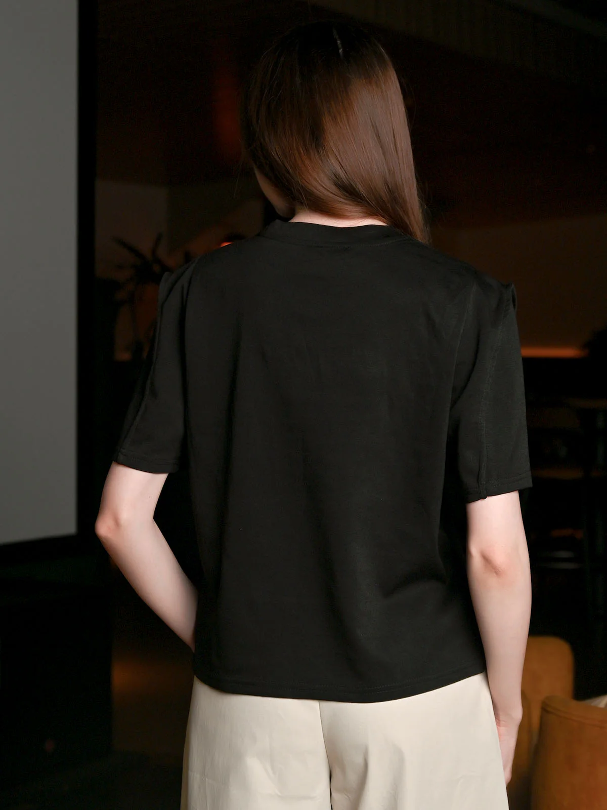 Odette Black Cotton Rib Solid T-shirt For Women - Image 4