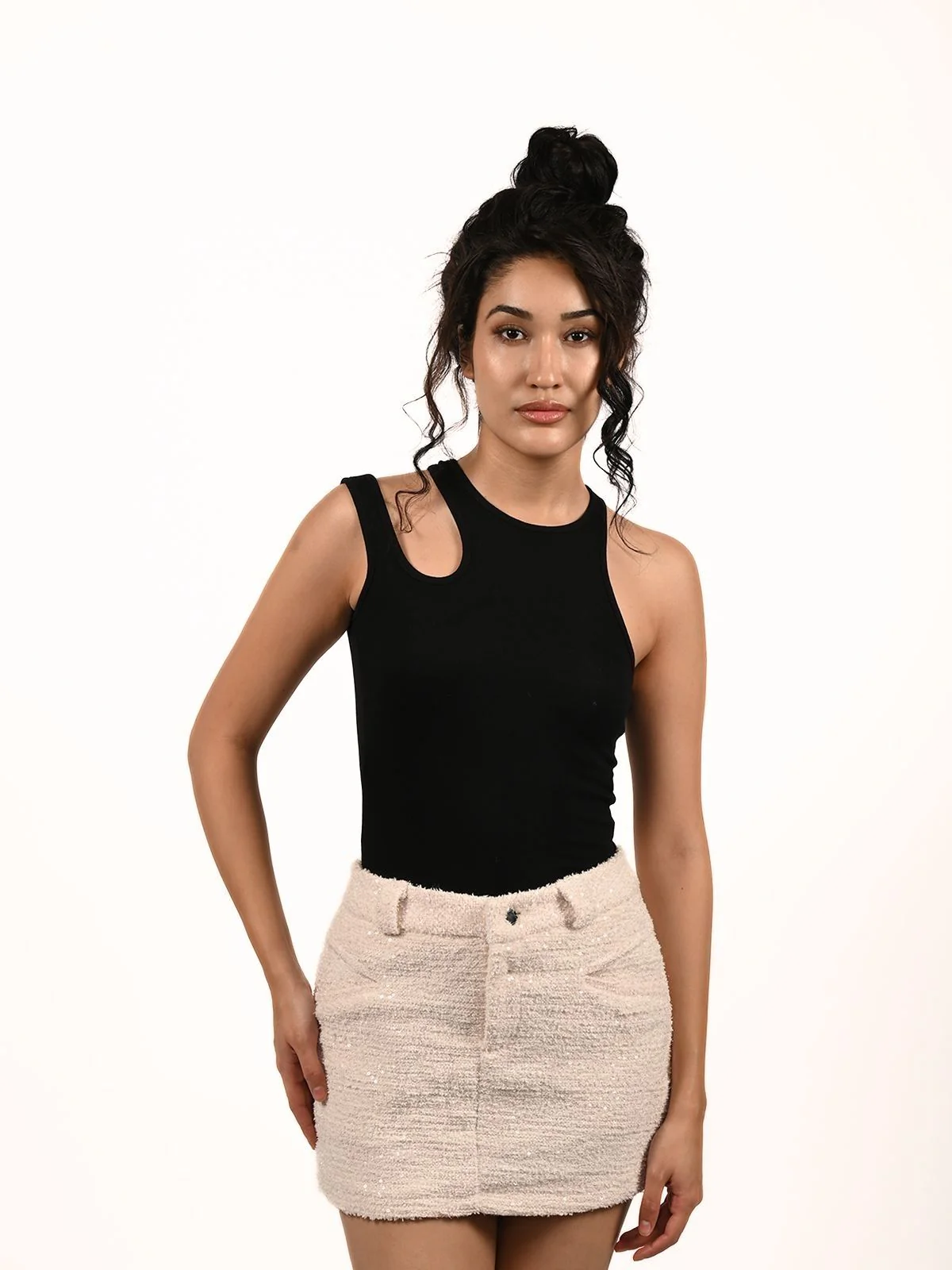 Odette Black Cotton Rib Solid Top For Women