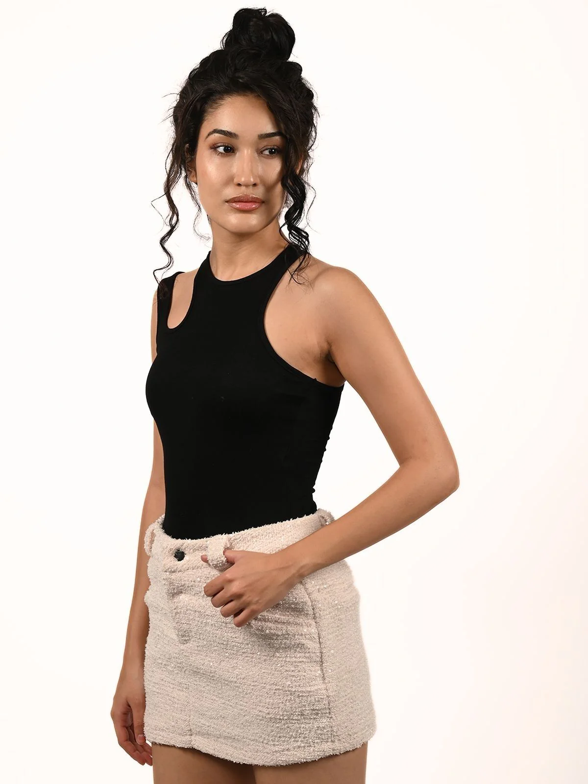 Odette Black Cotton Rib Solid Top For Women - Image 2