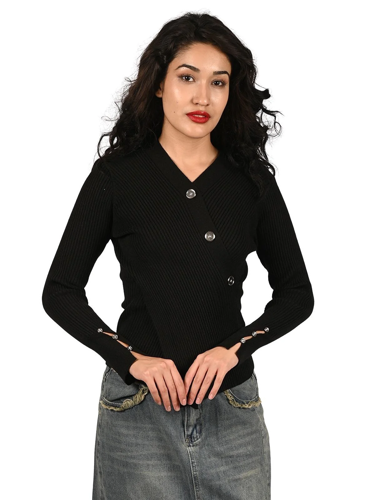 Odette Black Cotton Rib Solid Top For Women