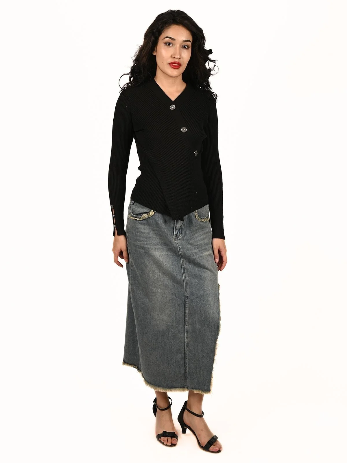 Odette Black Cotton Rib Solid Top For Women - Image 5