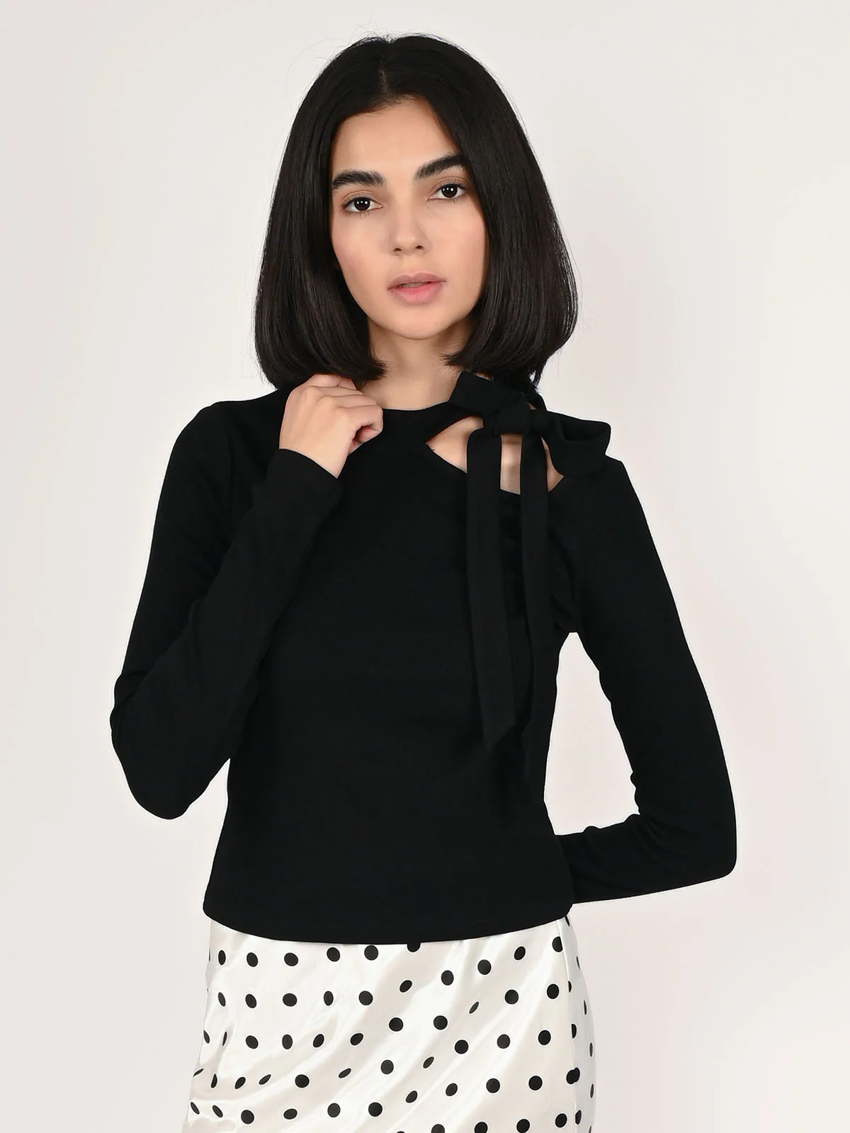 Odette Black Cotton Rib Solid Top For Women