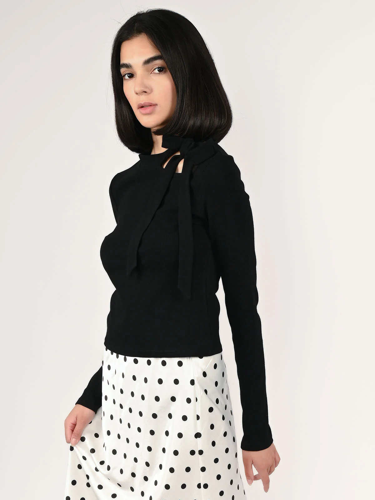 Odette Black Cotton Rib Solid Top For Women - Image 3