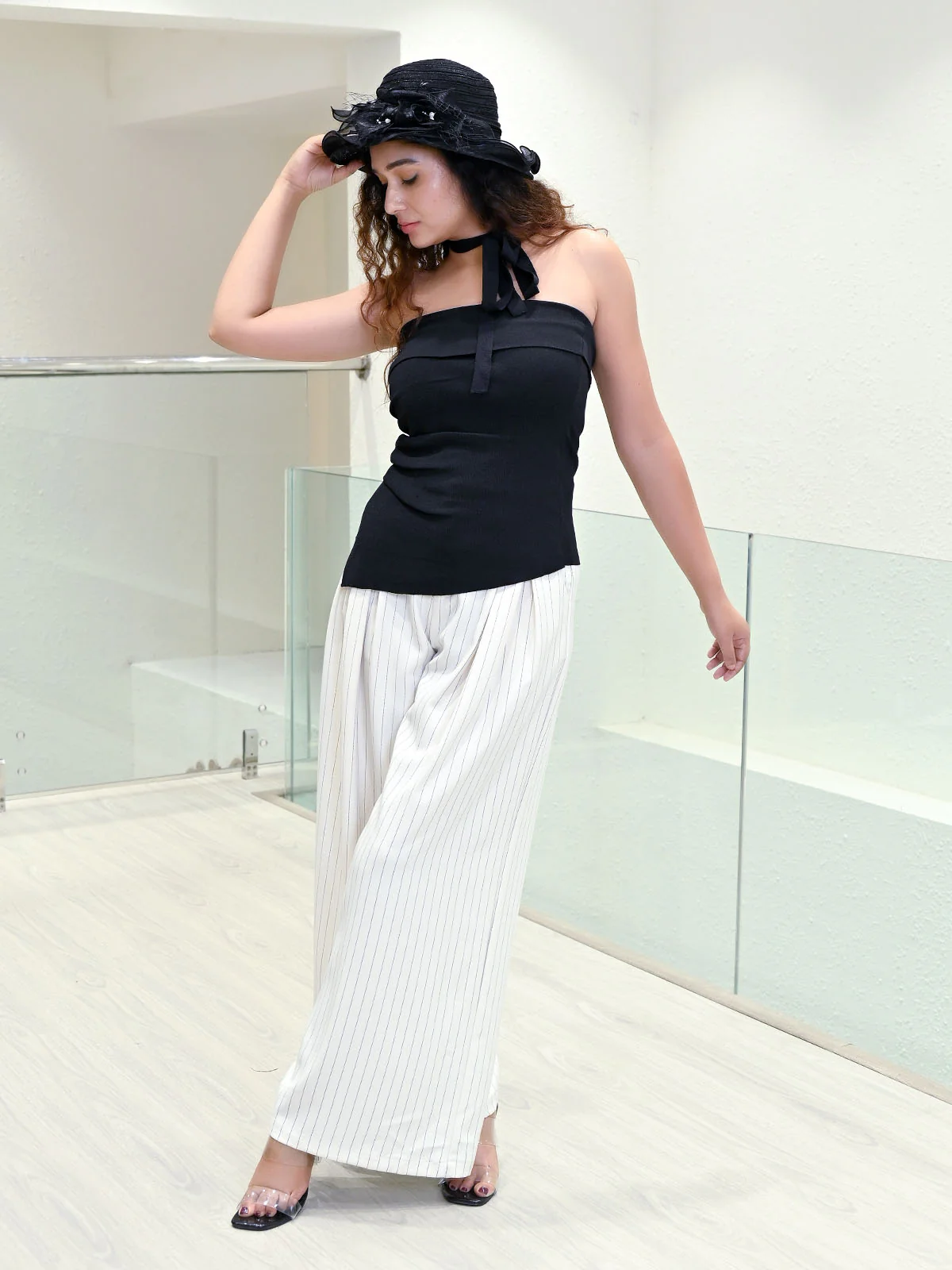 Odette Black Cotton Rib Solid Top For Women - Image 2