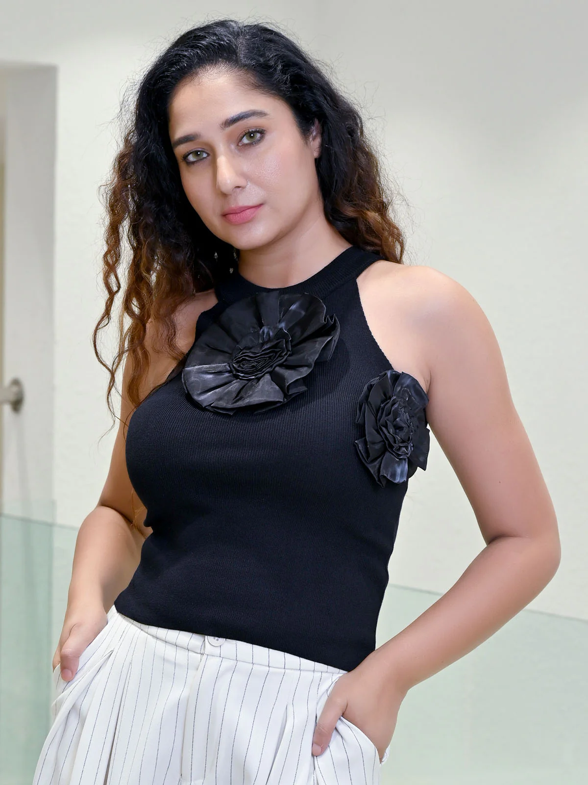 Odette Black Cotton Rib Solid Top For Women