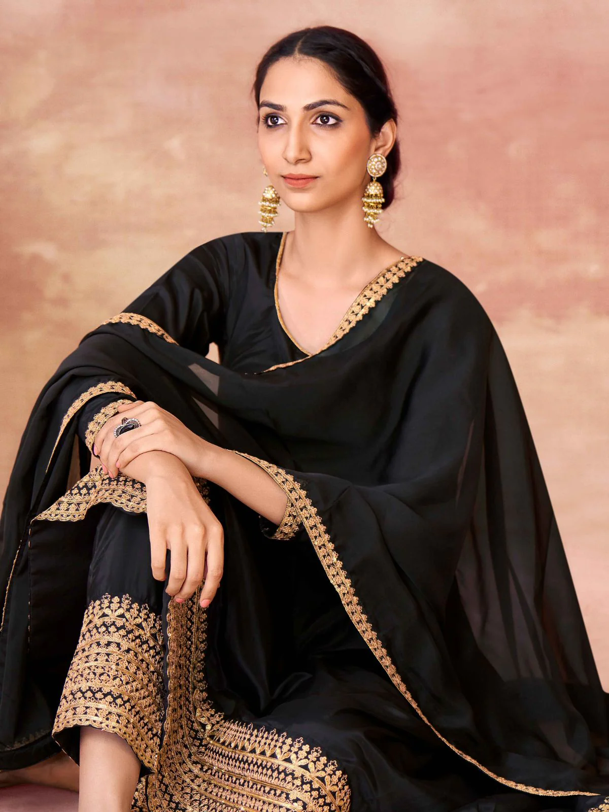 Odette Black Crepe Embroidered Stitched Gown For Women - Image 3