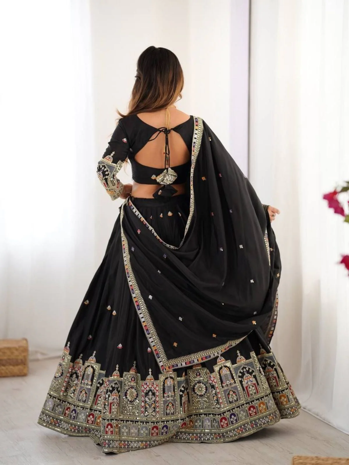 Odette Black Crepe Embellished Semi Stitched Lehenga For Women - Image 4