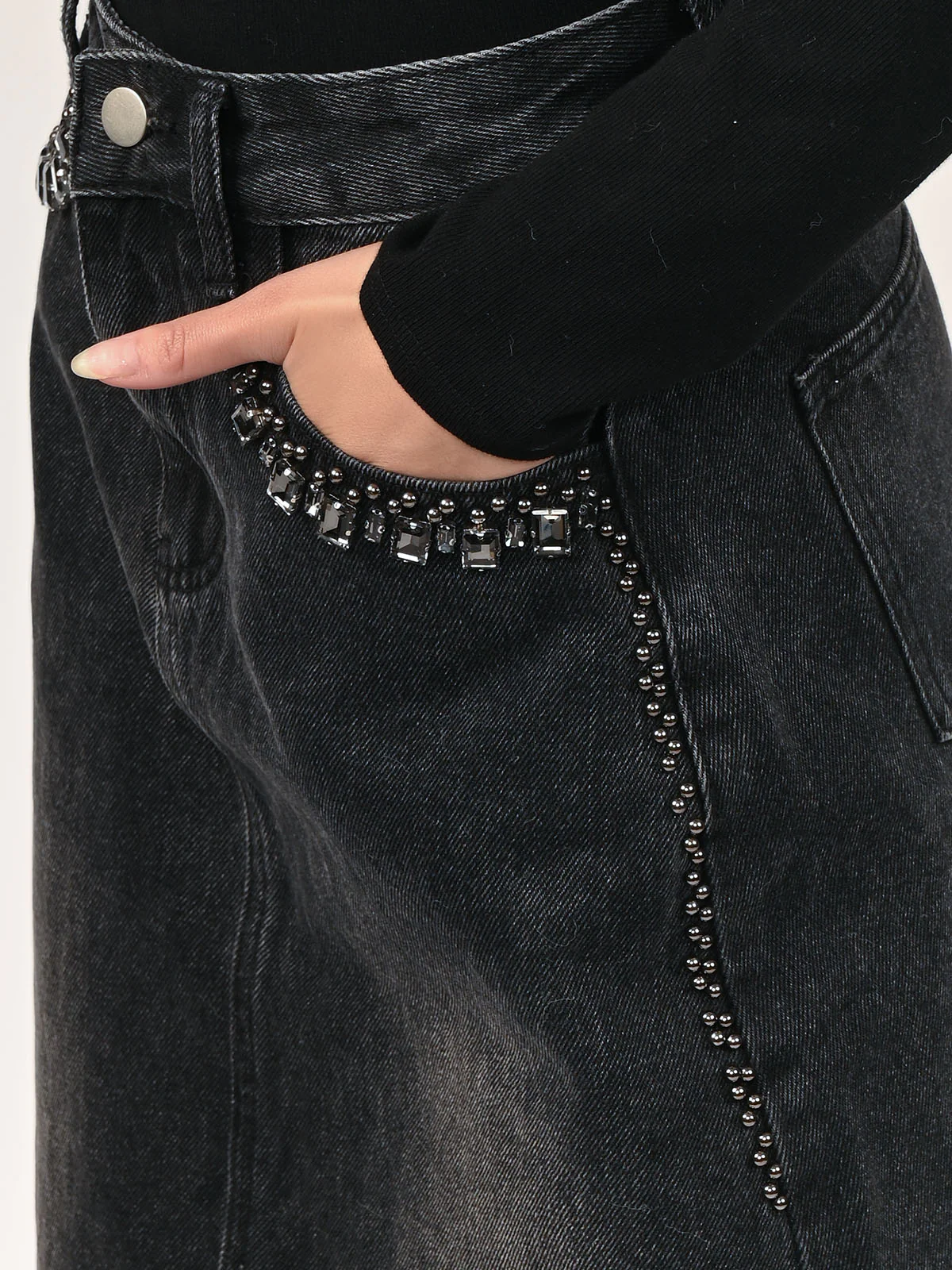Odette Black Denim Embellished Skirt For Women - Image 5
