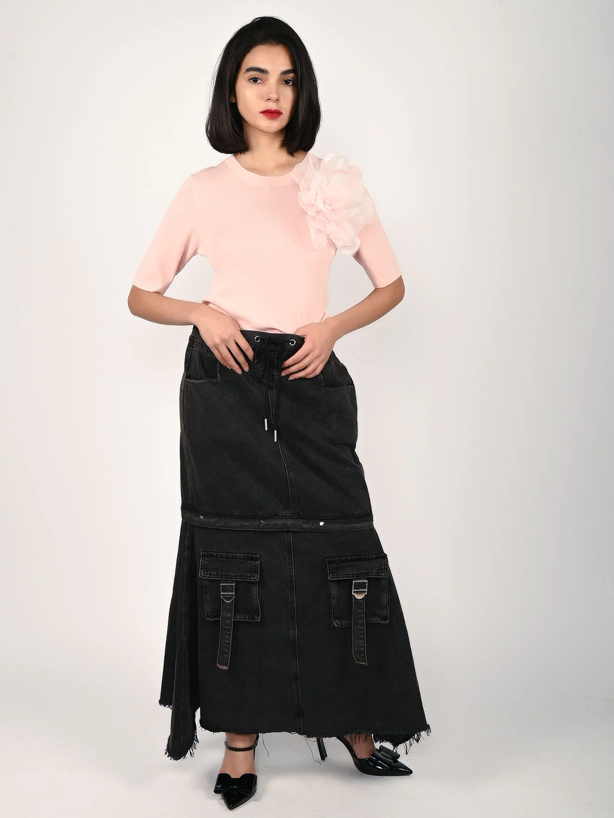 Odette Black Denim Solid Skirt For Women - Image 6