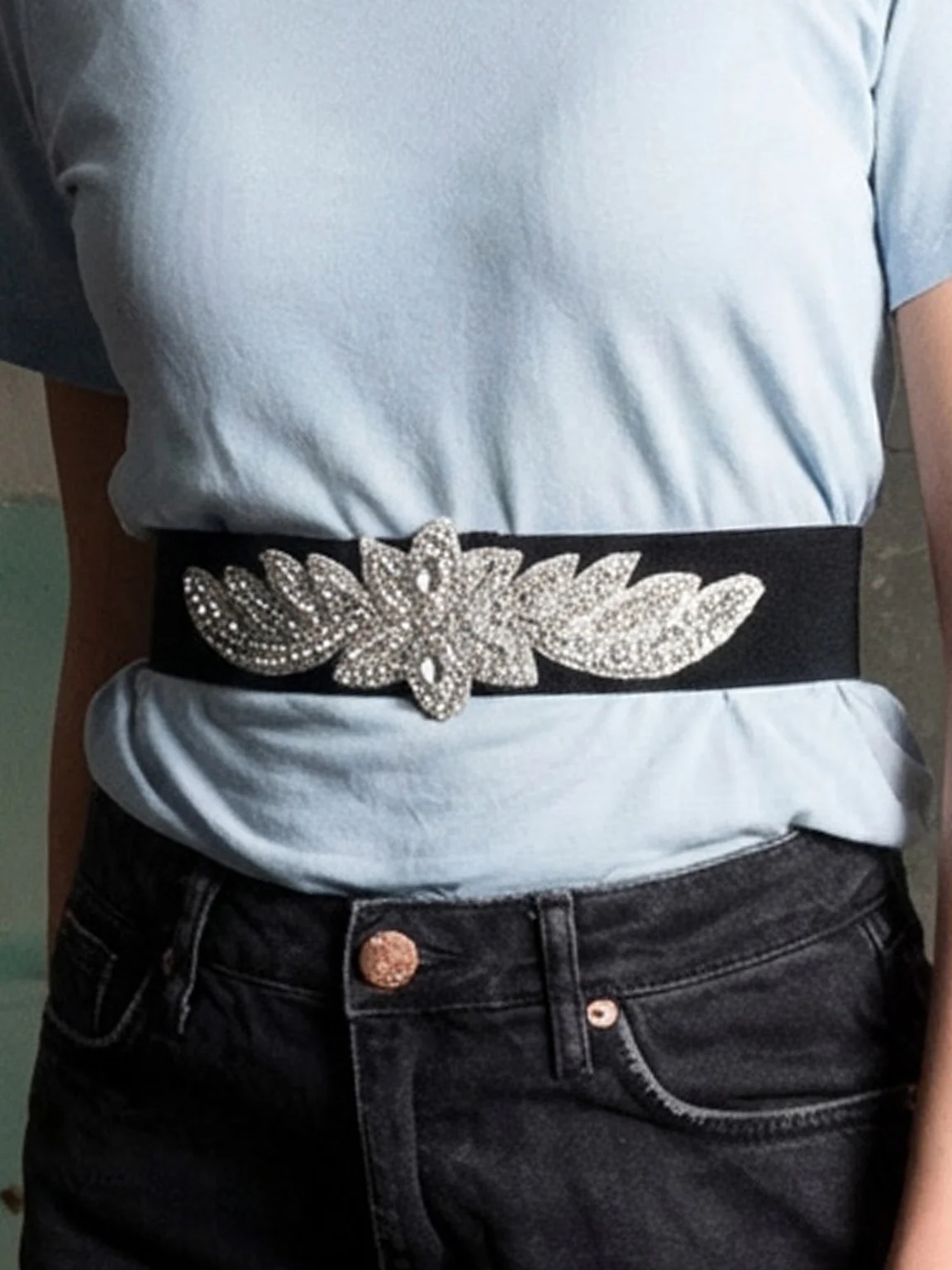 Odette Black Elastic Stone Belt For Women - Image 5