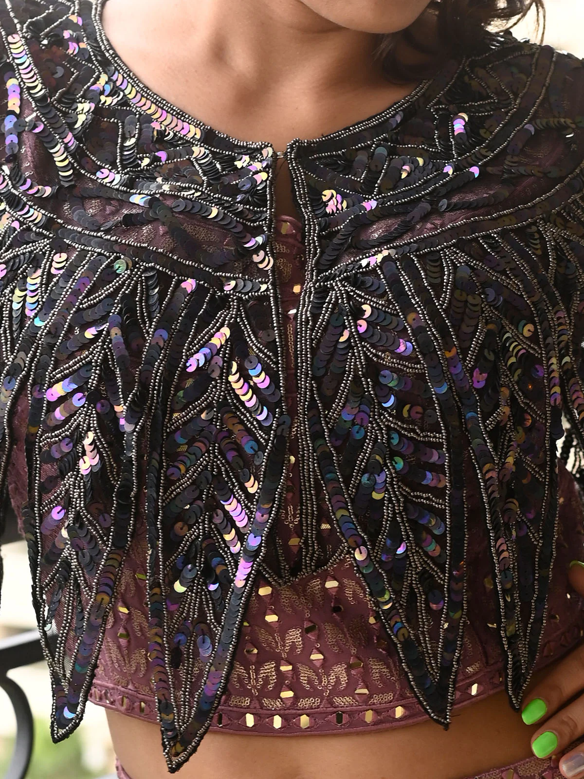 Odette Black Embellished Beads And Sequins Cape For Women - Image 4