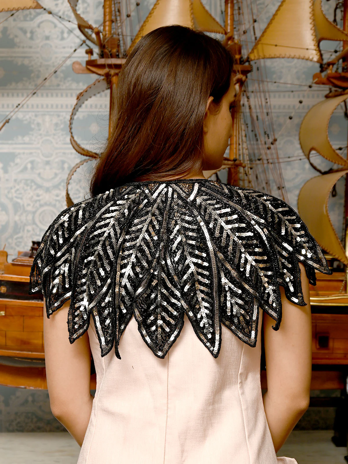 Odette Black Embellished Beads And Sequins Cape For Women - Image 3