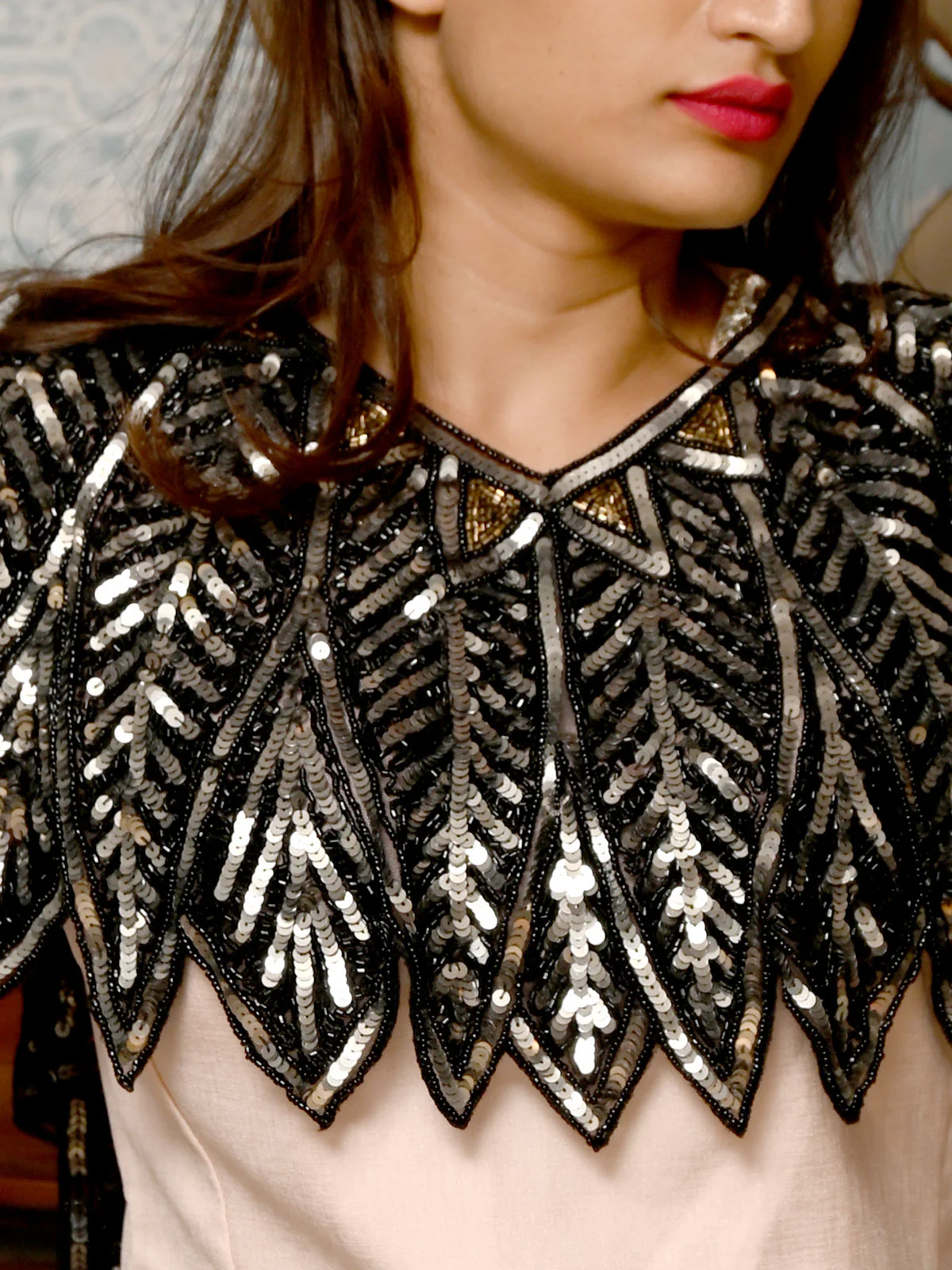Odette Black Embellished Beads And Sequins Cape For Women - Image 4