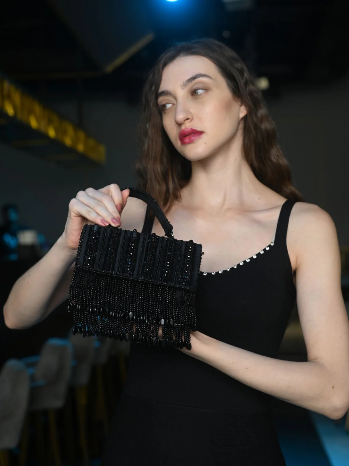 Odette Black Embellished Clutch With Tassels For Women