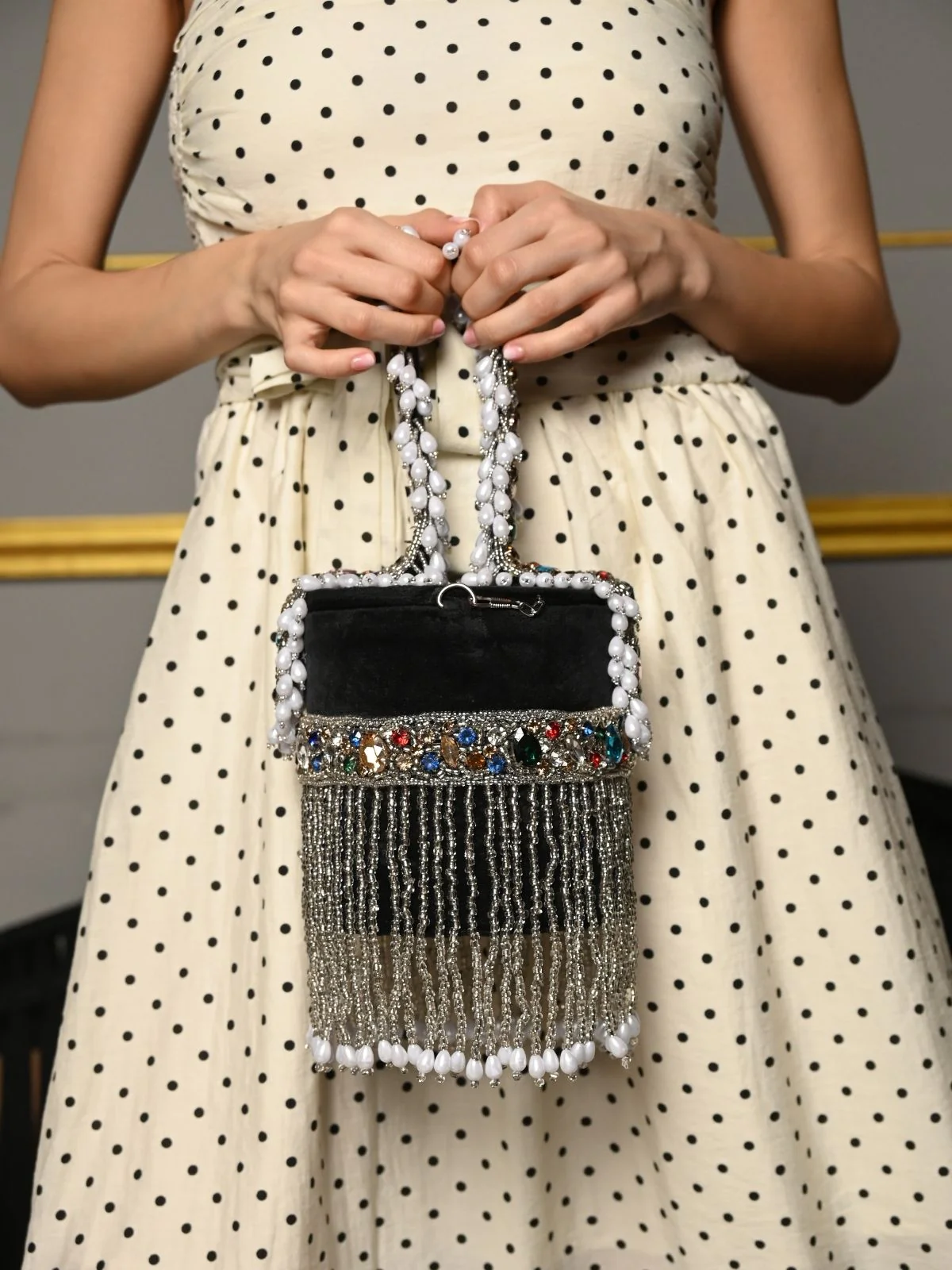 Odette Black Embellished Cylindrical Clutch With Tassels For Women - Image 3