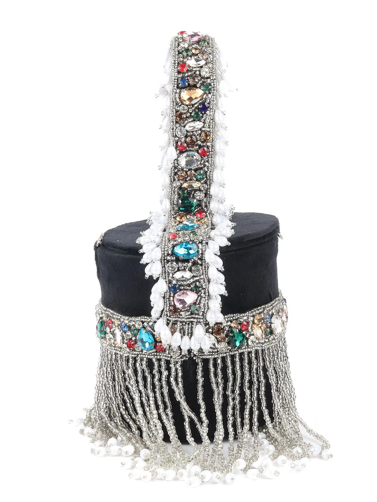 Odette Black Embellished Cylindrical Clutch With Tassels For Women - Image 5