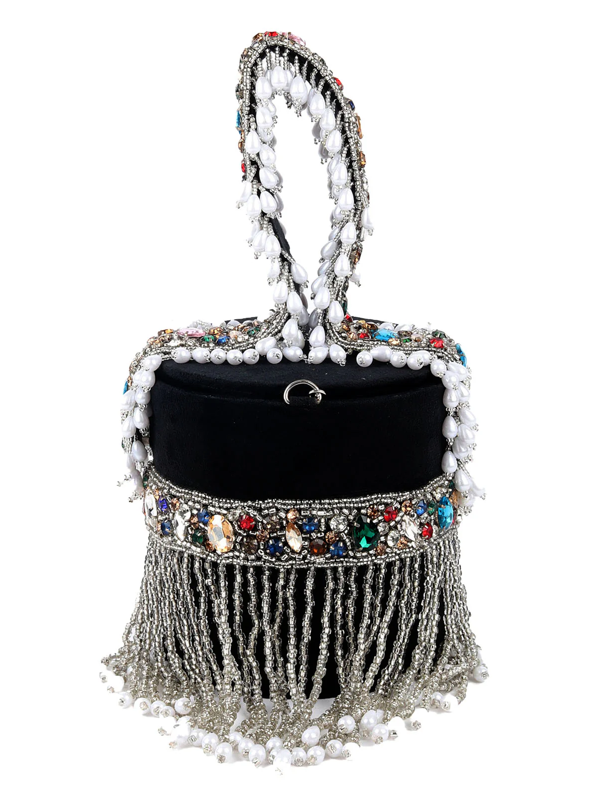 Odette Black Embellished Cylindrical Clutch With Tassels For Women - Image 6