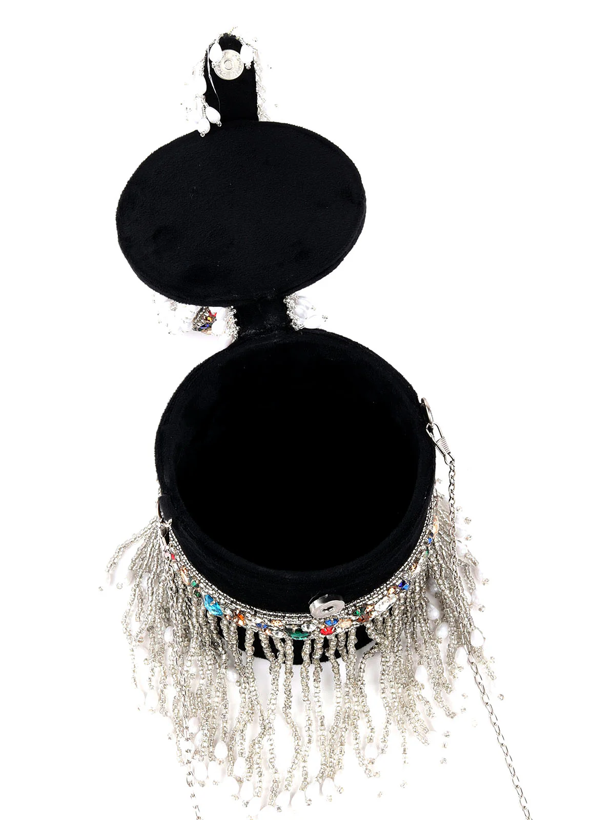 Odette Black Embellished Cylindrical Clutch With Tassels For Women - Image 8